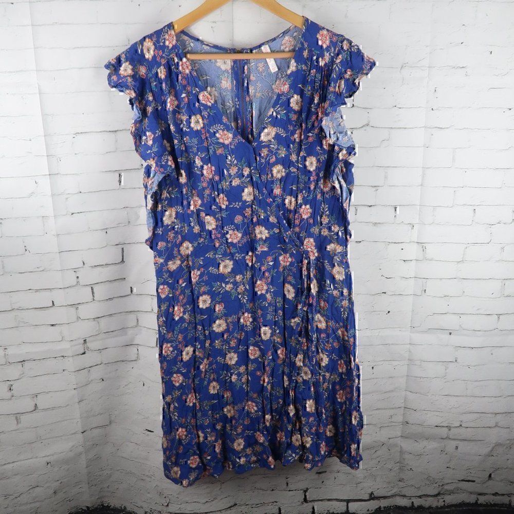 XHILARATION ROYAL BLUE FLORAL V NECK SHORT SLEEVE WRAP DRESS SIZE LARGE